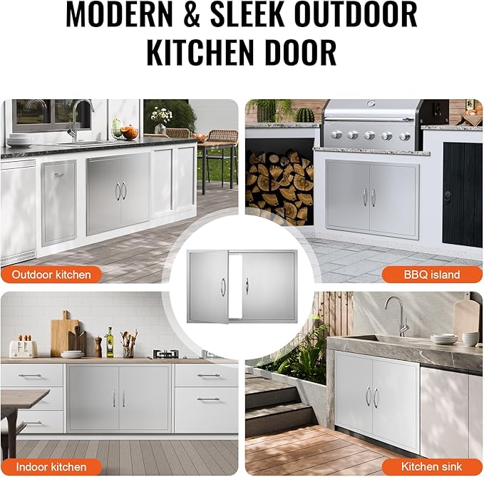 VEVOR BBQ Access Door, 39W x 26H Inch Double Outdoor Kitchen, Stainless Steel Flush Mount, Wall Vertical with Handles and Hooks, for BBQ Island, Grilling Station, Outside Cabinet