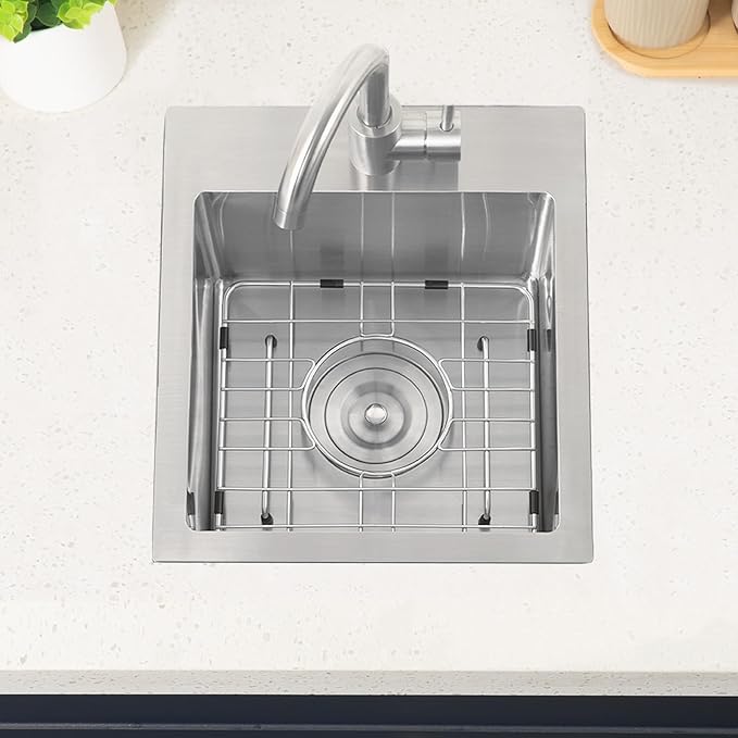 Hotis Drop in Bar Sink, 13 x 15 Inch Topmount RV Small Kitchen Wet Bar Sink, Stainless Steel Small Kitchen Sinks Brushed Nickel for Laundry Wet Bar Prep RV Office Outdoor Yard