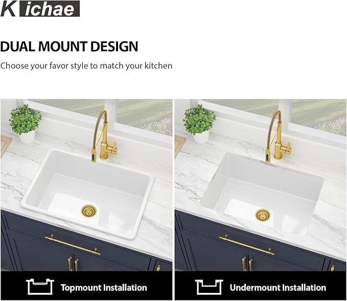 Kichae 27 Inch White Undermount Sink Fireclay 27x19 Inch Dual Drop in & Undermount Kitchen Sink Single Bowl Deep Porcelain Ceramic