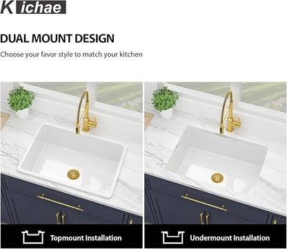 Kichae 27 Inch White Undermount Sink Fireclay 27x19 Inch Dual Drop in & Undermount Kitchen Sink Single Bowl Deep Porcelain Ceramic
