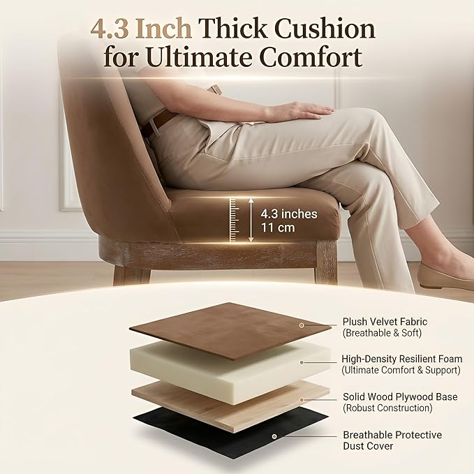 HNY Modern Dining Chairs Set of 6 with Comfortable Back Support, Farmhouse Soft Velvet Upholstered Kitchen Dining Room Chairs with Solid Wood Legs, Armless Accent Side Chairs for Living Room, Khaki