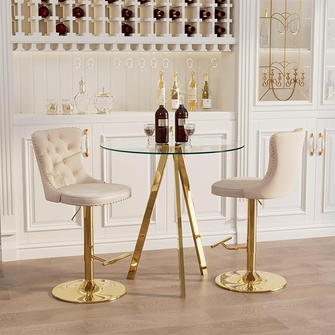 yeag 31.5'' Modern Round Glass Bar Table Set for 2, Luxury Gold Bistro Pub Table & 2 Adjustable Metal Bar Stools Velvet Swivel Counter Height Stools (Gold Metal Legs, Clear Top + Beige Chair)
