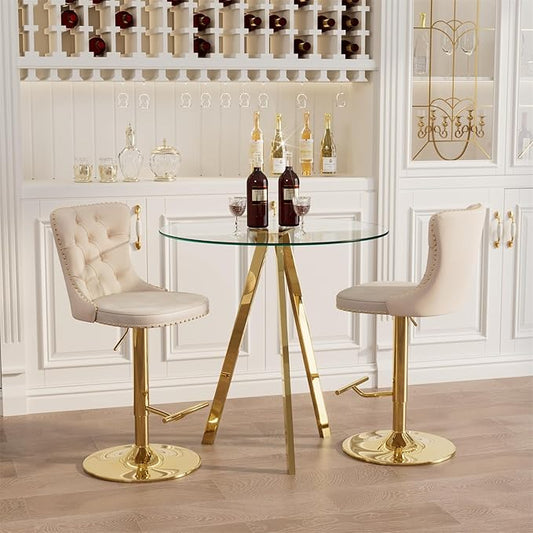 yeag 31.5'' Modern Round Glass Bar Table Set for 2, Luxury Gold Bistro Pub Table & 2 Adjustable Metal Bar Stools Velvet Swivel Counter Height Stools (Gold Metal Legs, Clear Top + Beige Chair)
