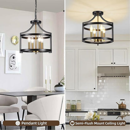 Farmhouse Dining Room Light Fixture,4 Lights Kitchen Chandeliers Over Table Modern Black&Gold Hanging Pendant Lamp Convertible Semi Flush Mount Ceiling Light for Entryway Foyer Island Hallway