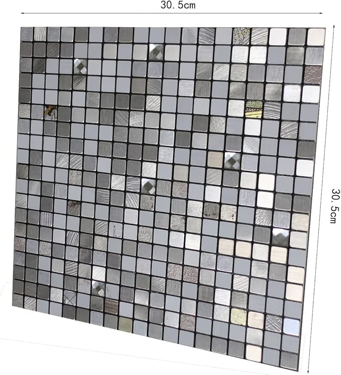 10 Sheets Self-Adhesive Aluminum Mosaic Peel and Stick Metal Tiles 3D Wall Sticker Panel Backsplash for Kitchen & Bathroom (12"x12" Bronze) (10 Silver White)