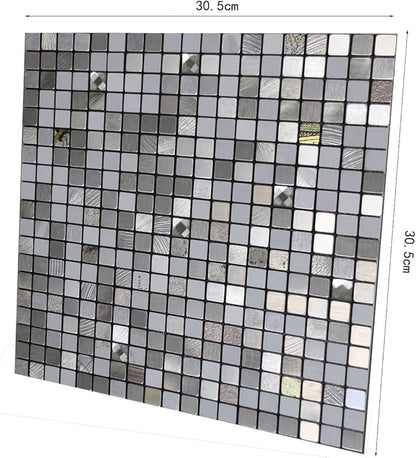 10 Sheets Self-Adhesive Aluminum Mosaic Peel and Stick Metal Tiles 3D Wall Sticker Panel Backsplash for Kitchen & Bathroom (12"x12" Bronze) (10 Silver White)