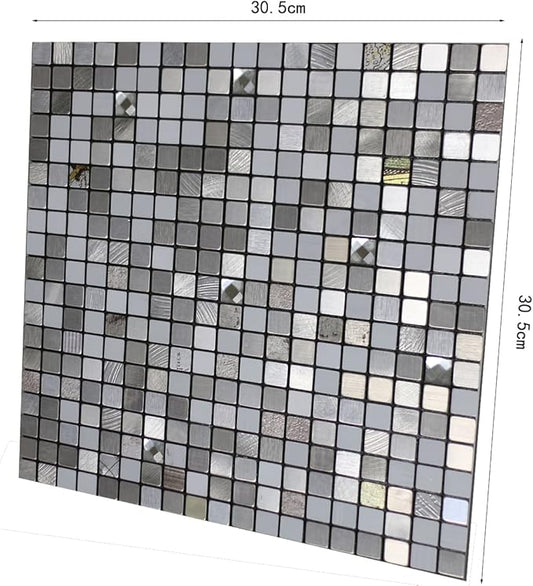 10 Sheets Self-Adhesive Aluminum Mosaic Peel and Stick Metal Tiles 3D Wall Sticker Panel Backsplash for Kitchen & Bathroom (12"x12" Bronze) (10 Silver White)