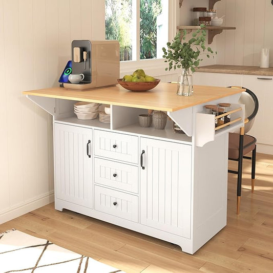 55.7'' Large Kitchen Island with 2 Drop Leaf, Rolling Kitchen Cart on 5 Wheels with Power Outlet, Folding Storage Dining Table with Spice and Towel Rack, 3 Drawers for Kitchen, Dining Room (White-JAB)