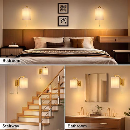 Lightess Wall Sconces with Pull Chain,Vintage Hardwired Pull Cord Wall Light Fixture with on Off Switch,Indoor Wall Lamp for Hallway Bedroom Living Room,Set of Two Gold (Bulbs Not Included)