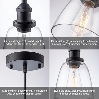 Pendant Light Over Island Hanging Lighting Industrial Clear Glass Adjustable Cord for Sink Kitchen Island Dining Room, Black, 1 Pack
