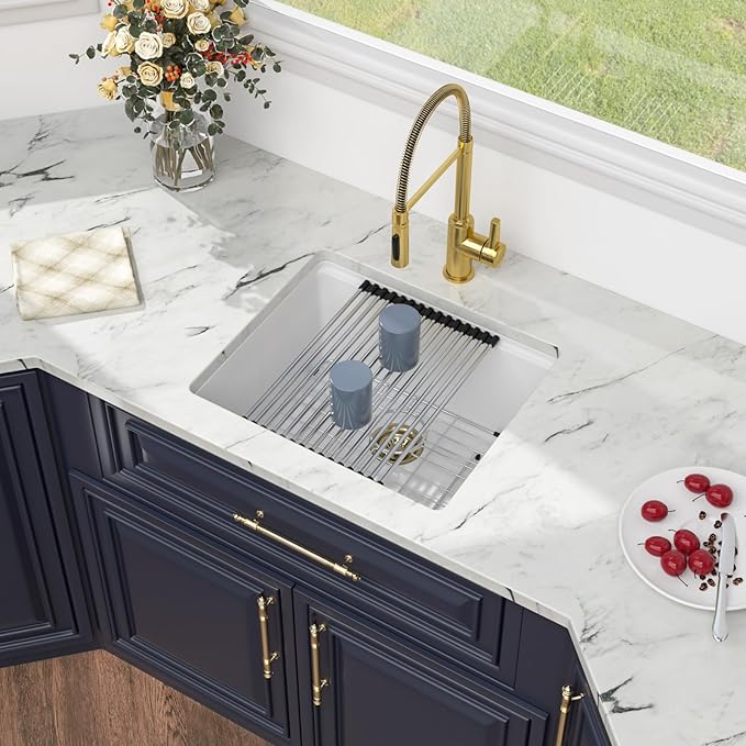 Kichae White Undermount Bar Sink - 21 x 18 Inch Composite Granite Quartz Sink Undermount Wet Bar Prep Kitchen Sinks Single Bowl Basin with Cutting Board