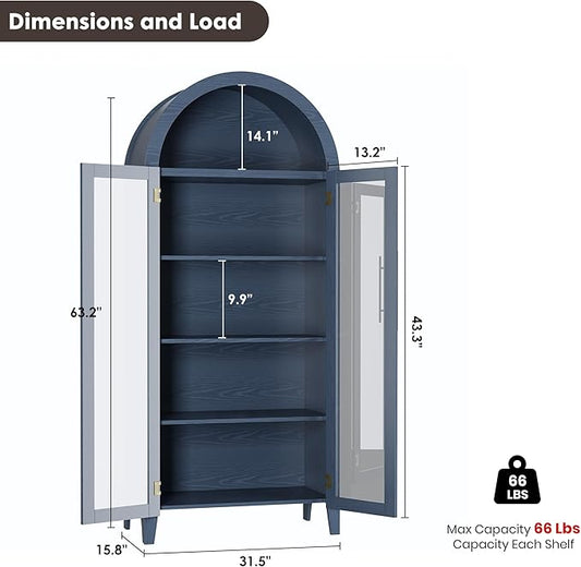 GarveeHome Arched Kitchen Pantry Cabinet - Farmhouse 5 Tier Display Shelf with Adjustable Shelf and 2 Large Glass Doors, Versatile Storage Cupboard for Kitchen, Dining Room, Living Room, Night Blue