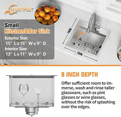 15x15In Kitchen And Bar Workstation Sink- Small Stainless Steel Drop In Single Bowl Bar Sink Built-in Ledge Topmount Workstation Sink With Accessory-SS Grid Cutting Board,Silicon Mat,Drain Assembly