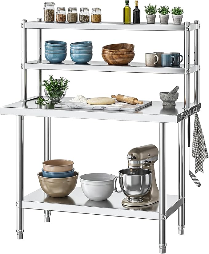 DWVO 30x24in Stainless Steel Table, NSF Metal Prep Worktable with Adjustable Overshelf for Kitchen Restaurant Hotel Garage Warehouse Home