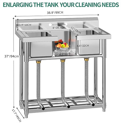 YITAHOME Freestanding Commercial 3 Bay Kitchen Under bar Sink NSF Stainless Steel 3 Compartment Bowl Outdoor Sink with Storage Shelve, Backsplash for Restaurant, Food Truck & Home (39"x 18"x 37")