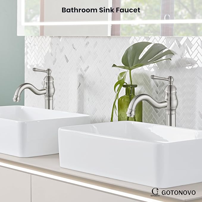 gotonovo Vessel Sink Faucet 360° Swivel Spout Single Handle Tall Bathroom Faucet 1 Hole Farmhouse Lavatory Washbasin Mixer Tap Matching Supply Hoses, with Pop Up Drain, Brushed Nickel