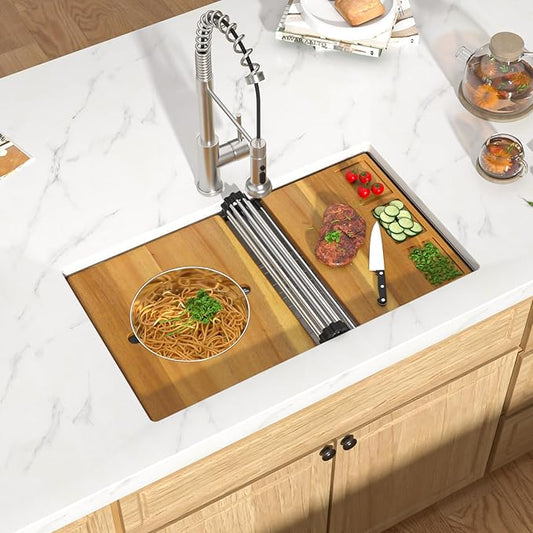 30 Inch Undermount Kitchen Sink 30x19 Workstation All-In One 16 Gauge 304 Stainless Steel Single Bowl Handmade Under Counter Sinks Basin with Accessories #TLU-0039