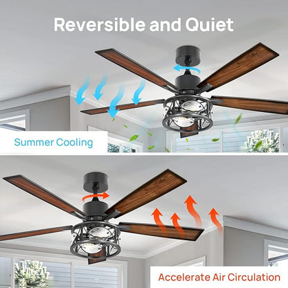 Consciot Ceiling Fan With Lights, 52 Inch Farmhouse Indoor Ceiling Fan With Remote, Quiet Reversible DC Motor, 5 Double Finish Wood Blades, Easy Dual Mount, Support Dimmable 2*E26 Bulbs(not included)