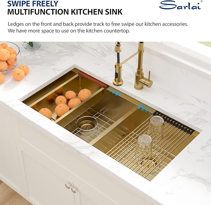 Sarlai 36 Inch Gold Undermount Kitchen Sink Double Bowl Large Workstation Sink Low Divided Gold Stainless Steel Sinks 16 Gauge 50/50 Sinks Double Basin