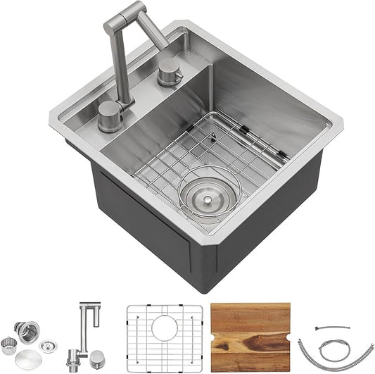 13"x15" Undermount RV Kitchen Sink Workstation – 16 Gauge 304 Stainless Steel Under Counter Single Bowl Basin with Foldable Faucet for RV, Camper, Mobile Home, Wet Bar, Outdoor Kitchen