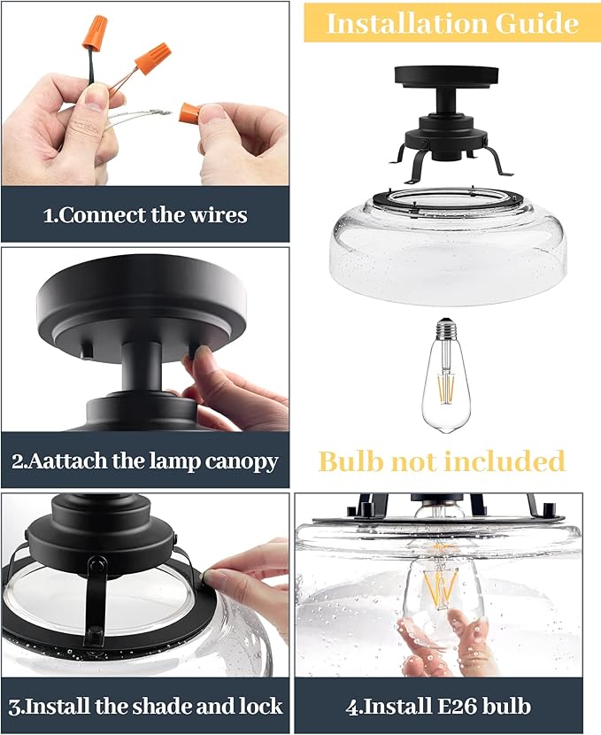 EAPUDUN Farmhouse Semi Flush Mount Ceiling Light, Black Industrial Ceiling Lighting,1-Light,Seeded Glass Shade, Ideal for Kitchen, Corridor, Bedroom, Foyer, Hallway, and Entryway,SMA1307-MBK