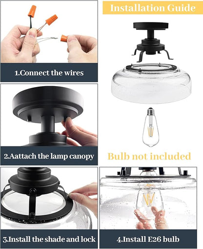 EAPUDUN Farmhouse Semi Flush Mount Ceiling Light, Black Industrial Ceiling Lighting,1-Light,Seeded Glass Shade, Ideal for Kitchen, Corridor, Bedroom, Foyer, Hallway, and Entryway,SMA1307-MBK