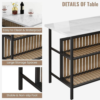 AWQM Kitchen Island with Seating & Storage Shelf, Modern Bar Table and Chairs Set for 2, Wooden Island Table for Kitchen, Dining Table Set for Small Space, White