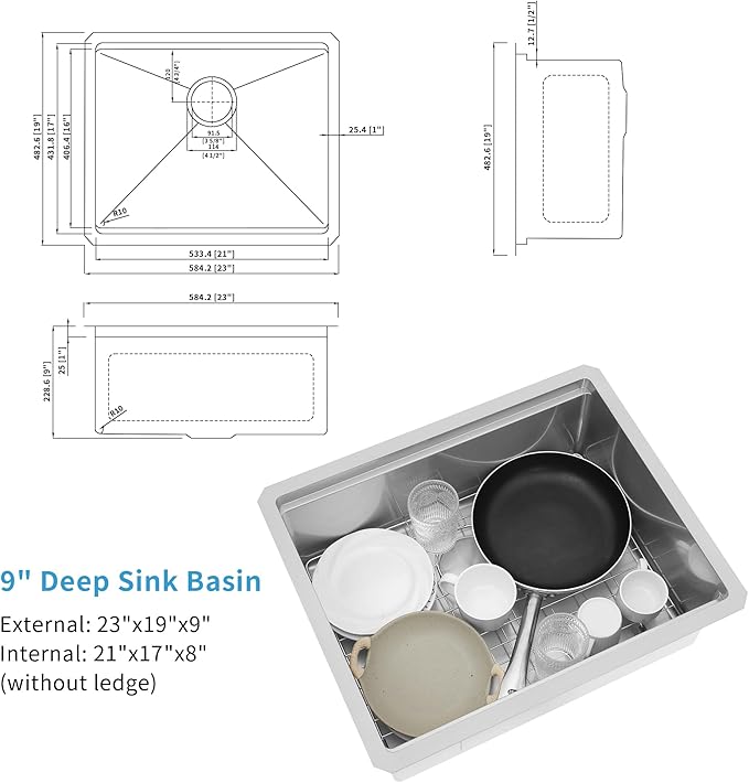 23 Inch Black Undermount Kitchen Sink,16 Gauge Stainless Steel Kitchen Sink Single Bowl, 23"x19"x9" Undermount Sink Ledge Workstation Sinks With All Accessories, Multi-Functional Sinks