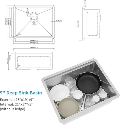 23 Inch Black Undermount Kitchen Sink,16 Gauge Stainless Steel Kitchen Sink Single Bowl, 23"x19"x9" Undermount Sink Ledge Workstation Sinks With All Accessories, Multi-Functional Sinks