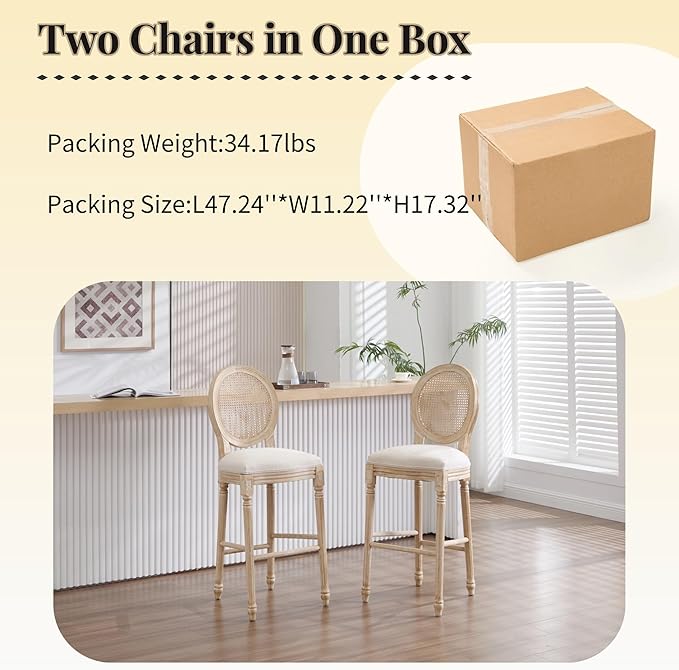 French Country Bar Chairs Set of 2, 30 Inch Upholstered Counter Stools with Natural Rattan Round Back, Solid Wood Frame & Cotton Linen for Kitchen Island, Dining Room, Bistro, Beige