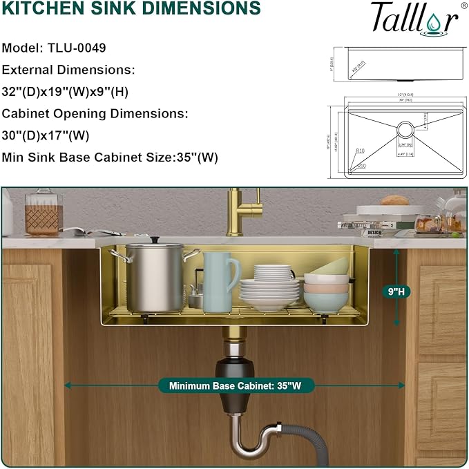 32 Gold Undermount Kitchen Sink - Workstation All-In One 32x19 Gold 16 Gauge Stainless Steel Under Counter Single Bowl Sink for Kitchen with Mixing Board and Pasta Strainer #TLU-0049