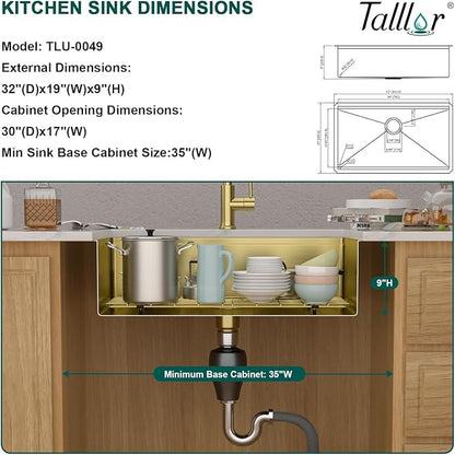 32 Gold Undermount Kitchen Sink - Workstation All-In One 32x19 Gold 16 Gauge Stainless Steel Under Counter Single Bowl Sink for Kitchen with Mixing Board and Pasta Strainer #TLU-0049