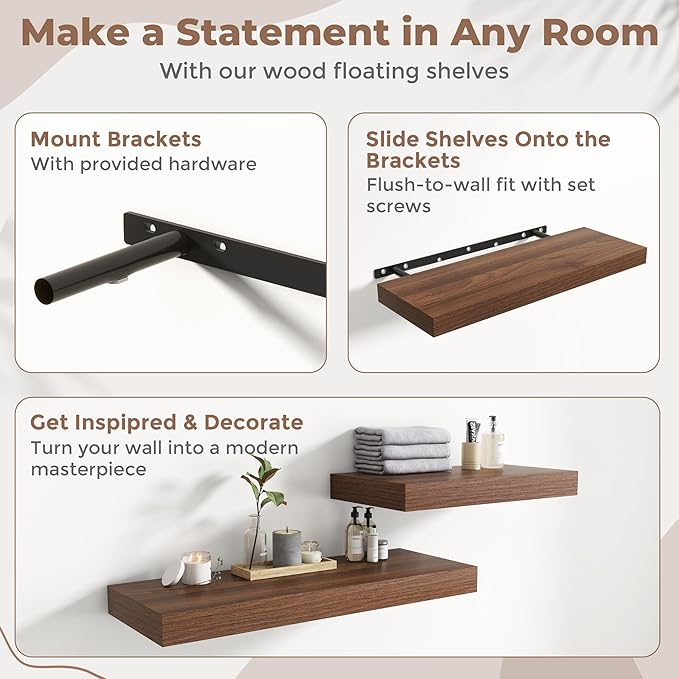 Marsmiles 12" Deep Floating Shelves for Wall with Invisible Brackets, Wall Mounted Engineered Wood Shelves with Wood Grain for Living Room, Bedroom, Kitchen Decor and Storage, 24" L Set of 2, Walnut