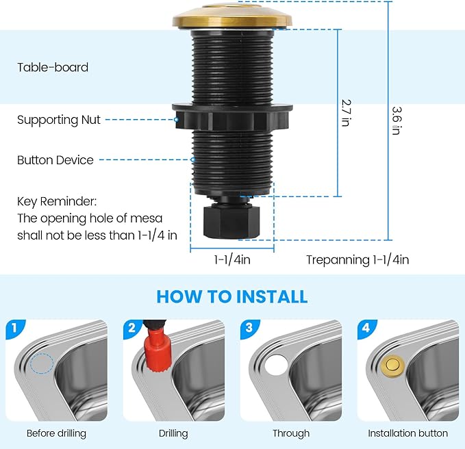 Garbage Disposal Air Switch Kit Sink Top Waste Disposal Long Stainless Steel Golden Brushed On/Off Air Button Food and Waste Disposals Part by Briidea, UL Listed