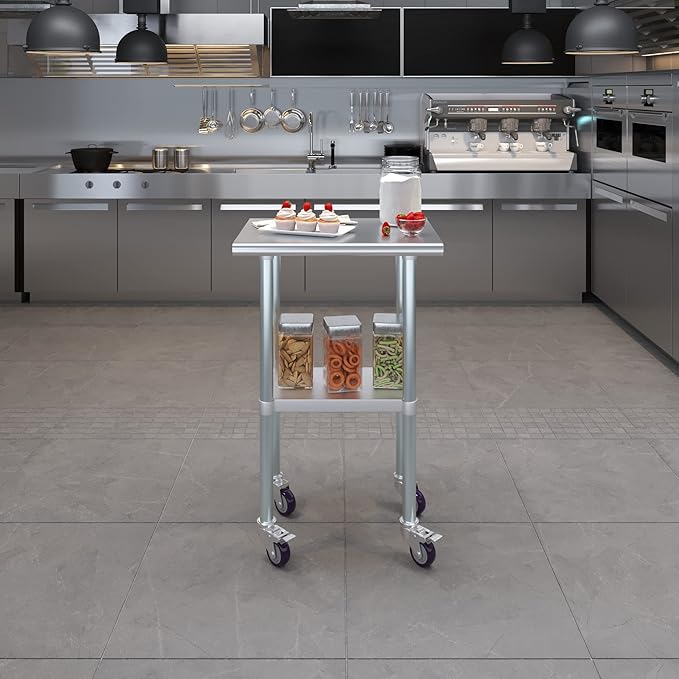 Stainless Steel Work Table with Wheels | NSF Kitchen Island Food Prep | Laundry Garage Utility Bench (Table + Wheels, 24" Long x 18" Deep)
