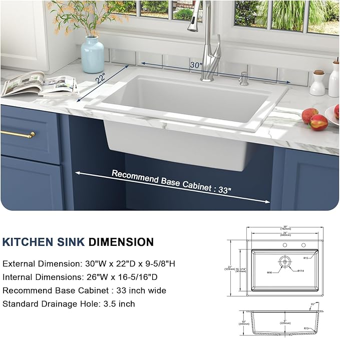 Lordear 30 Granite Composite Kitchen Sink Drop In Workstation 30X22 Inch Quartz White Kitchen Sink Single Bowl Kitchen Sinks with Accessories