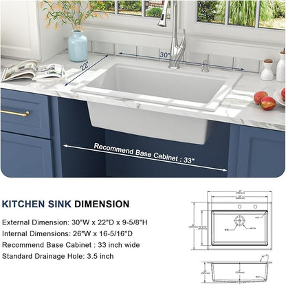 Lordear 30 Granite Composite Kitchen Sink Drop In Workstation 30X22 Inch Quartz White Kitchen Sink Single Bowl Kitchen Sinks with Accessories