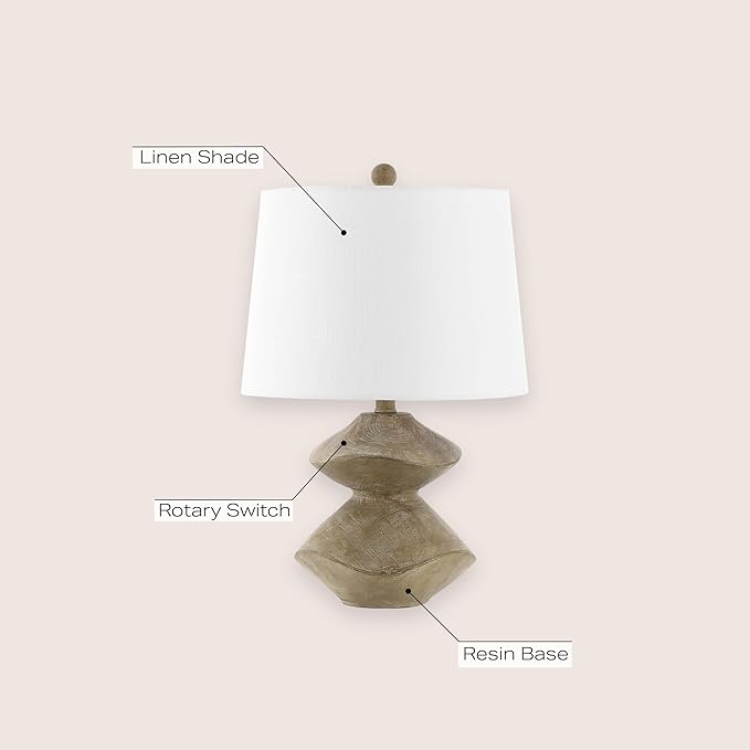 JONATHAN Y 21.5" Brown Wood Finish Coastal 3-Stack Cairn LED Table Lamp for Living Room, White Linen Shade, Rustic Mid-Century Modern Bedside Lamp for Bedroom Office (JYL4062A)
