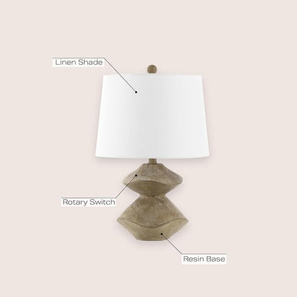 JONATHAN Y 21.5" Brown Wood Finish Coastal 3-Stack Cairn LED Table Lamp for Living Room, White Linen Shade, Rustic Mid-Century Modern Bedside Lamp for Bedroom Office (JYL4062A)