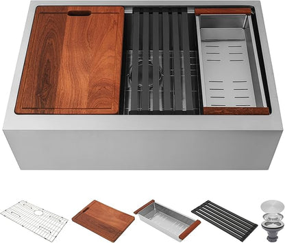 36-Inch Farmhouse Kitchen Sink, 16 Gauge Stainless Steel Farm Sink, Undermount Single Bowl, Brushed Finish, Deep Basin, Workstation Design with Accessories(Stainless Steel, 36" x 22" x 10")