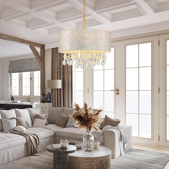 LumFurn D 16inch 4-Light Drum Capiz Shell Crystal Chandeliers, Coastal Style Pendant Light Fixture for Dining Room, Living Room, D16x20~67"(Adjustable Height), Shell Lampshade, Crystal & Gold Finish