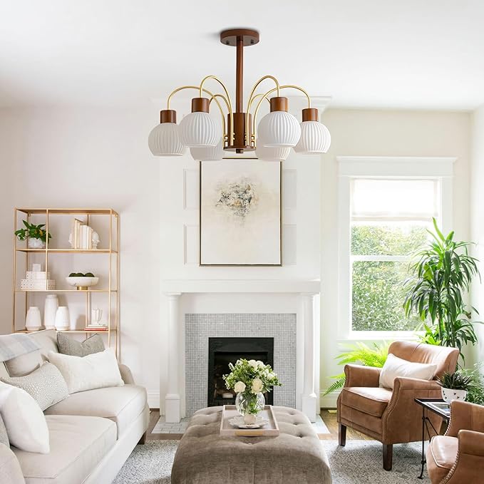 KCO Lighting 6-Lights Ribbed Milk Glass Chandelier Farmhouse Rustic Walnut Wood Chandelier Lighting Frosted White Globe Pendant Light Mid Century Modern Gold Semi Flush Mount Ceiling Light