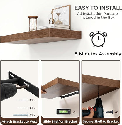 Venusmiles Floating Shelves for Wall, 30" W x 12" D x 2" H, 2 Pack of Long Wall Mounted Engineered Wood Shelves with Invisible Brackets for Living Room, Bedroom, Bathroom, Kitchen Decor, Walnut