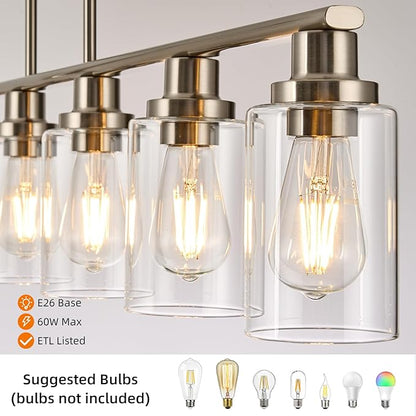 Dining Room Light Fixtures Over Table,6-Light Farmhouse Kitchen Island Lighting,44.3'' Linear Chandelier Pendant Lighting for Kitchen Island for Brushed Nickel Finish with Clear Glass Shade