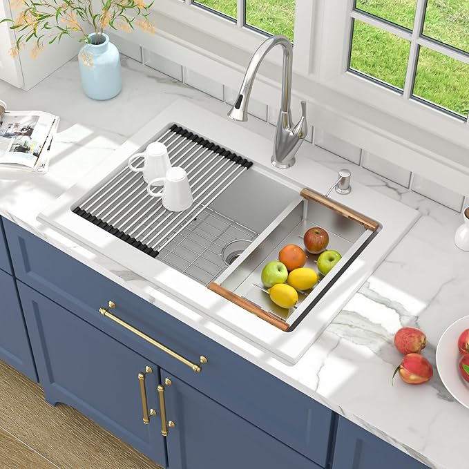 Lordear 30 Granite Composite Kitchen Sink Drop In Workstation 30X22 Inch Quartz White Kitchen Sink Single Bowl Kitchen Sinks with Accessories