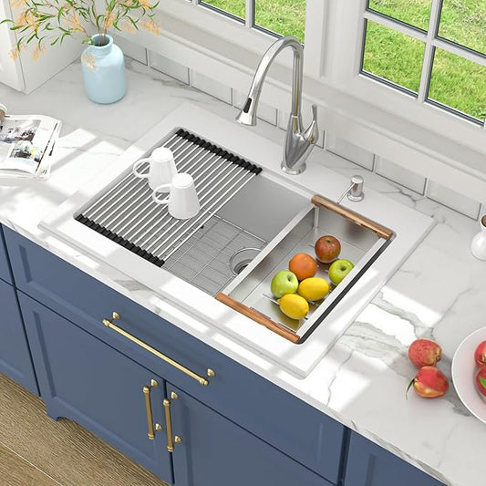 Lordear 30 Granite Composite Kitchen Sink Drop In Workstation 30X22 Inch Quartz White Kitchen Sink Single Bowl Kitchen Sinks with Accessories