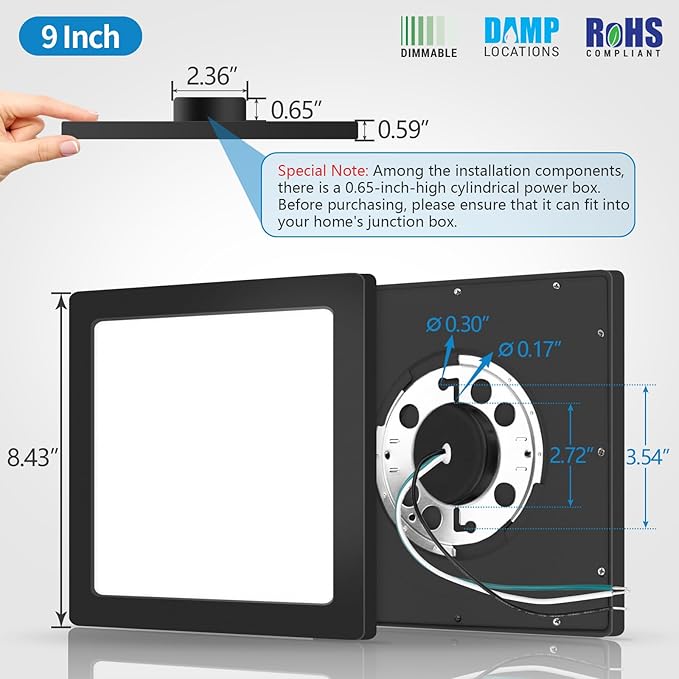9 Inch Square Black Ceiling Light, 18W, 120V, 3000K/4000K/5000K Adjustable, Dimmable Slim LED Ceiling Light, Low Profile Fixtures for Bedroom, Kitchen, Hallway, Laundry, ETL Listed, Each Side is 8.43"