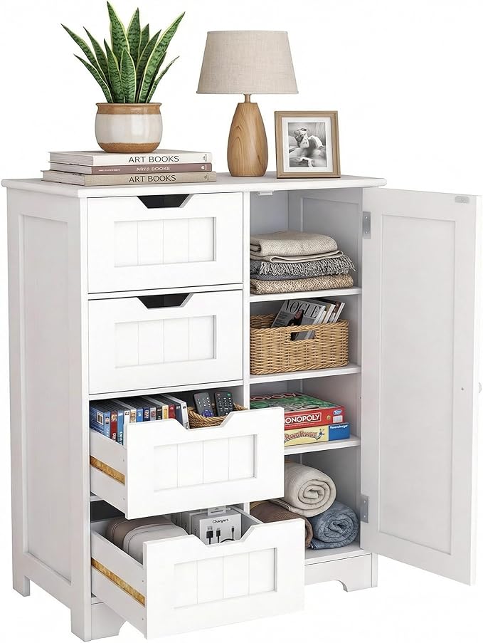 Casaphoria Bathroom Storage Cabinet with Drawers, Freestanding Floor Cabinet with Door and Adjustable Shelf, 4-Drawer Sideboard for Bathroom, Living Room, Kitchen, White