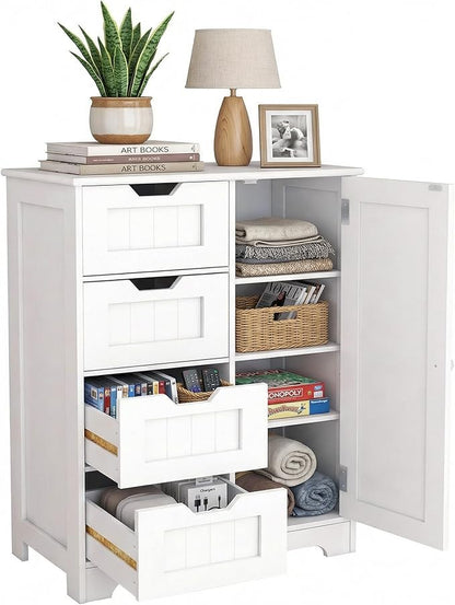 Casaphoria Bathroom Storage Cabinet with Drawers, Freestanding Floor Cabinet with Door and Adjustable Shelf, 4-Drawer Sideboard for Bathroom, Living Room, Kitchen, White