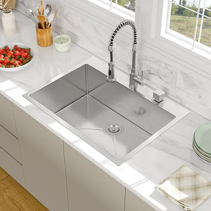 28 Drop In Kitchen Sink - Beslend 28x22 Inch Topmount Sinks Stainless Steel Kitchen Basin 16 Gauge Handmade Single Bowl Top Mount Sink